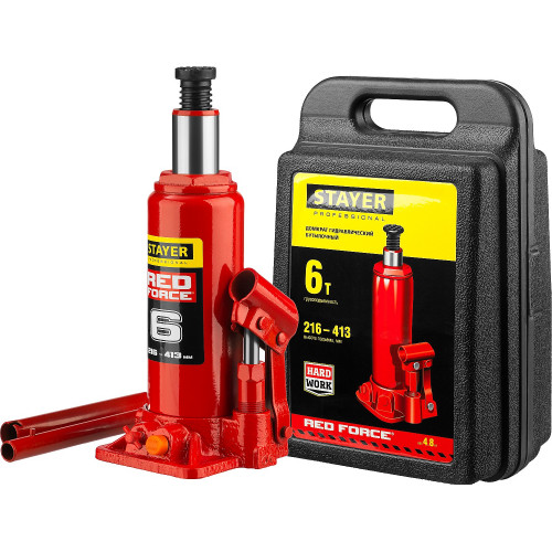 STAYER RED FORCE 6т 216-413мм домкрат бутылочный гидравлический в кейсе