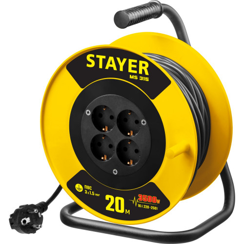 Силовой удлинитель на катушке STAYER ПВС 3х1.5 20м 3500Вт, MS 315