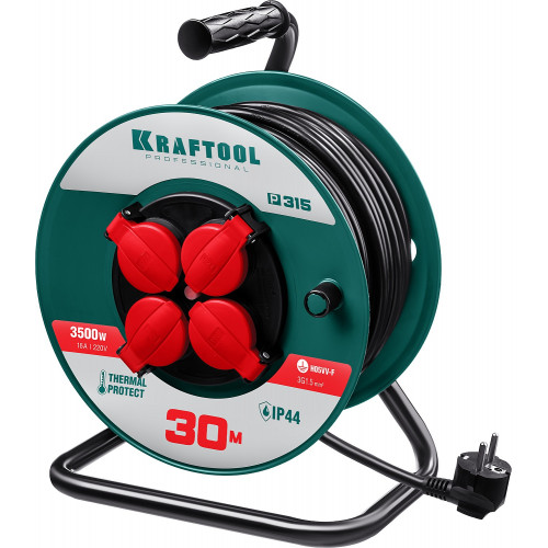 Силовой удлинитель на катушке KRAFTOOL ПВС 3х1.5 30м, 3500Вт IP44, P-315